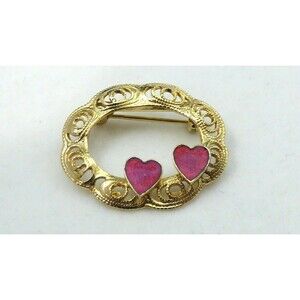Vintage Red Enamel Hearts Valentine's Day Brooch Pin Oval Filigree Gold Tone